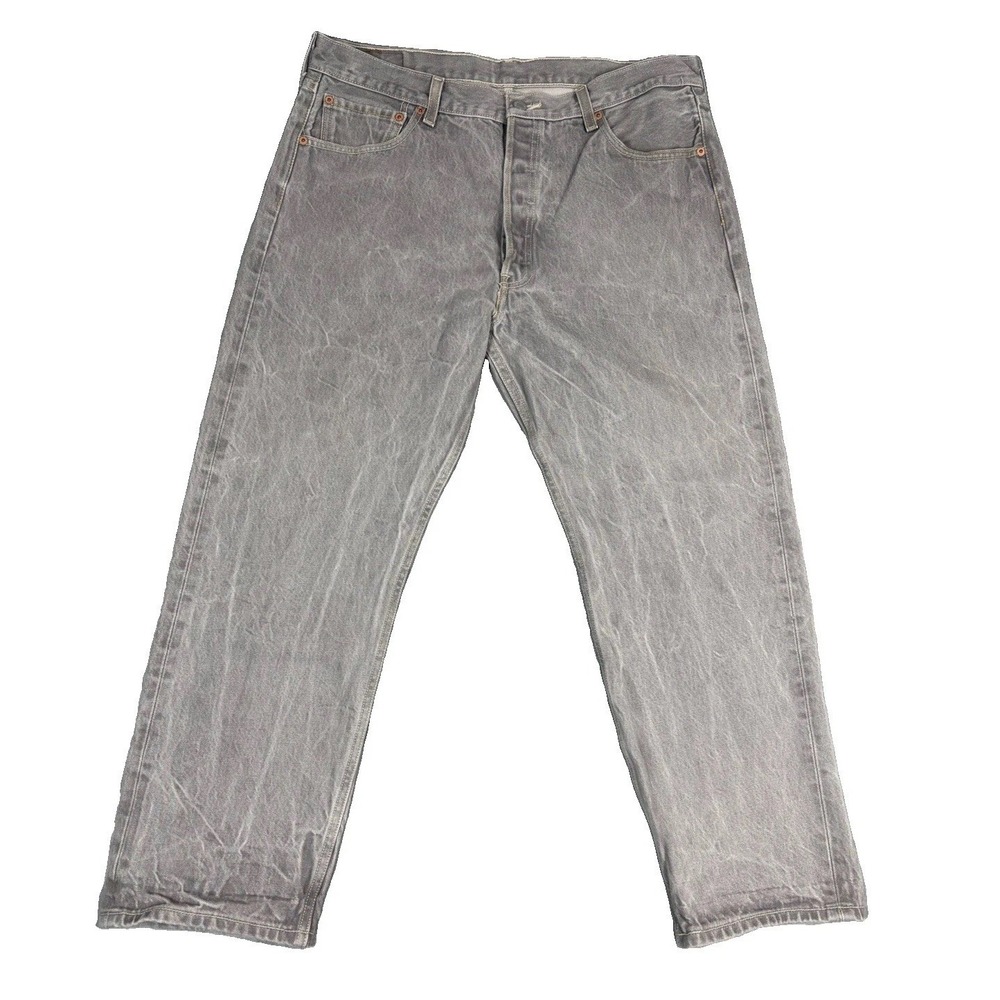 Levis 501 Jeans Mens 36 X 28 Gray Whiskered Faded Denim Straight Leg Button Fly